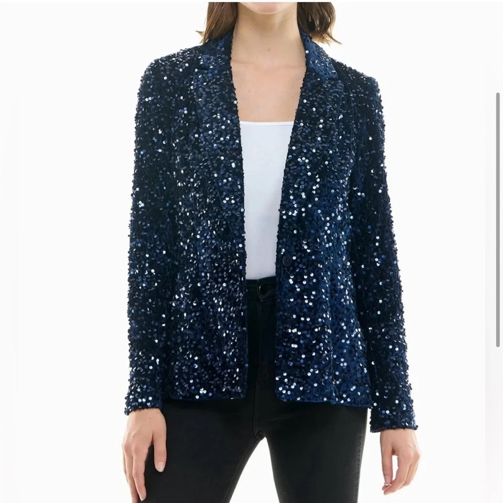 Nanette Lepore Girls’ Night Out Sapphire Blue Velvet Sequin Blazer Jacket - Picture 3 of 16